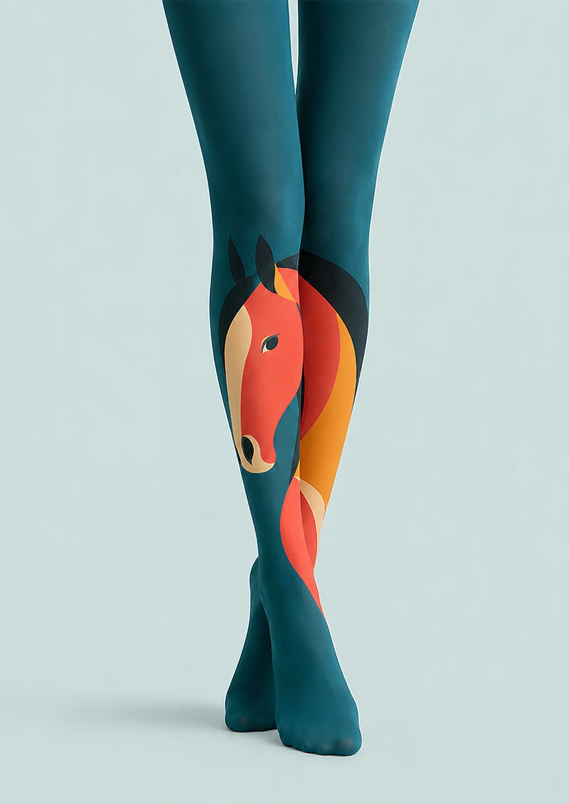 Teal Horse Graphic Printed Tights Hosiery Pantyhose L68-94