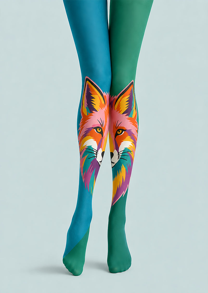 Teal Green Fox Patterned Tights Hosiery Pantyhose L68-95