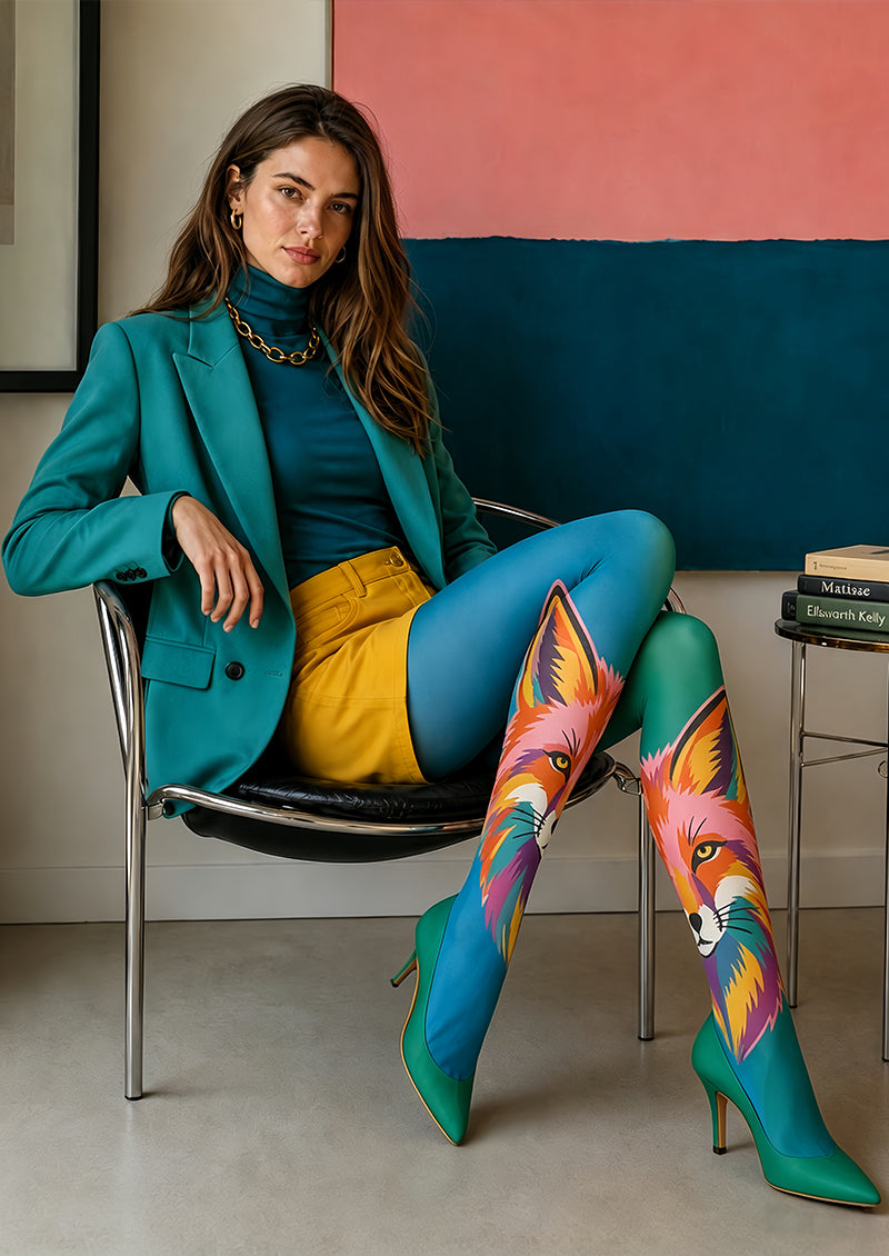 Teal Green Fox Patterned Tights Hosiery Pantyhose L68-95