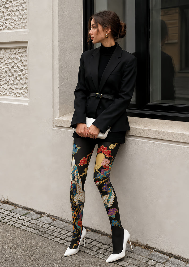 Golden Crane Wings Unfurling Patterned Tights L68-98