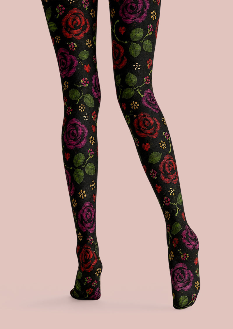 Midnight Rose Floral Tights Hosiery Pantyhose L69-11
