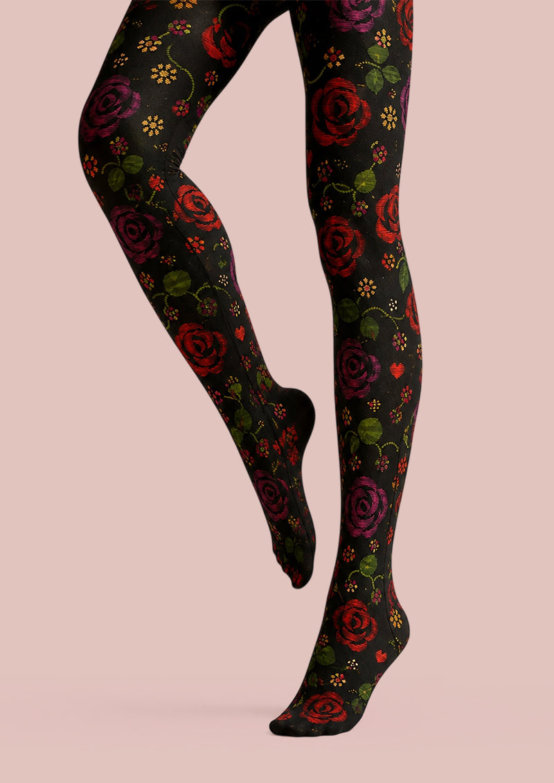 Midnight Rose Floral Tights Hosiery Pantyhose L69-11