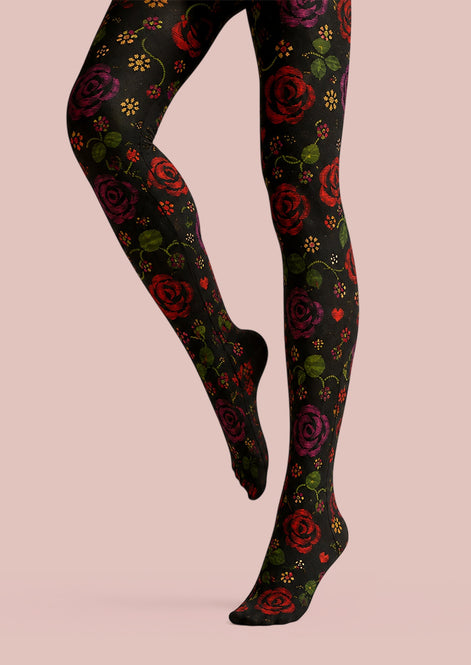 Midnight Rose Floral Tights Hosiery Pantyhose L69-11