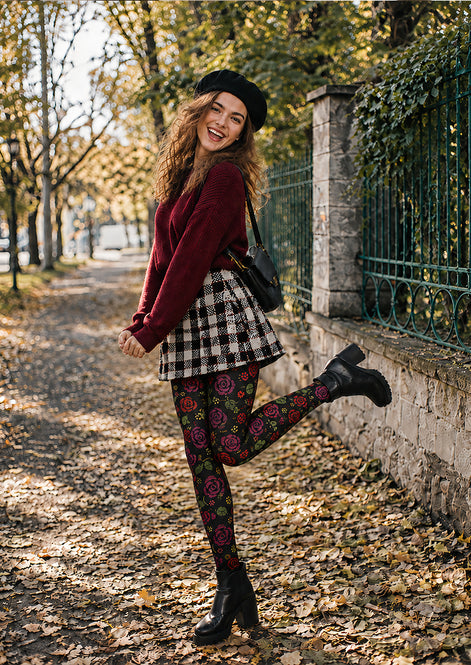 Midnight Rose Floral Tights Hosiery Pantyhose L69-11