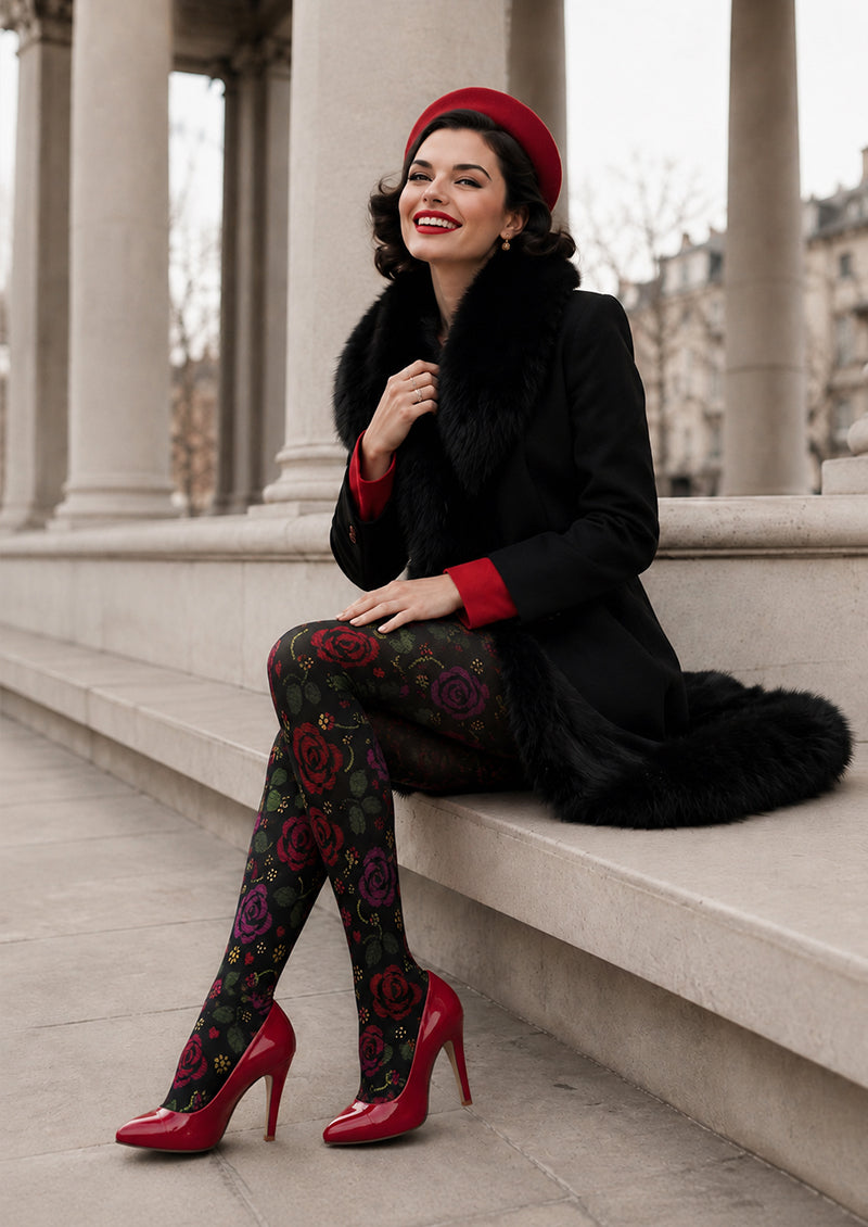 Midnight Rose Floral Tights Hosiery Pantyhose L69-11
