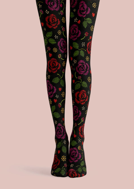 Midnight Rose Floral Tights Hosiery Pantyhose L69-11