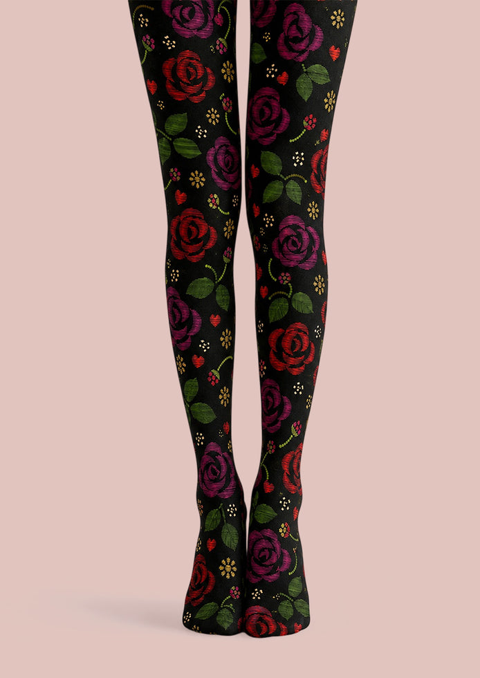 Midnight Rose Floral Tights Hosiery Pantyhose L69-11