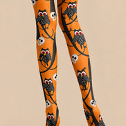 Skull Owl Graphic Tights Black Orange Pantyhose L69-16