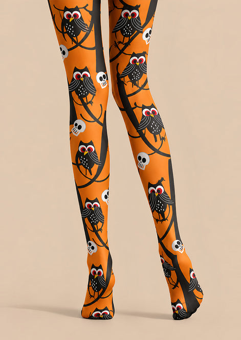 Skull Owl Graphic Tights Black Orange Pantyhose L69-16
