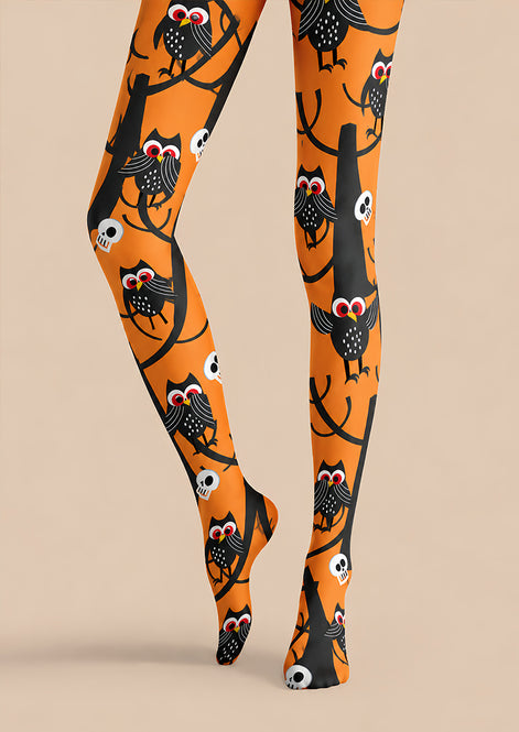 Skull Owl Graphic Tights Black Orange Pantyhose L69-16