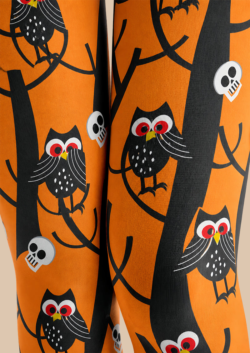 Skull Owl Graphic Tights Black Orange Pantyhose L69-16