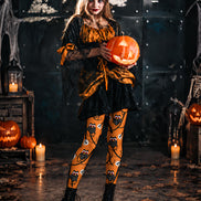Skull Owl Graphic Tights Black Orange Pantyhose L69-16