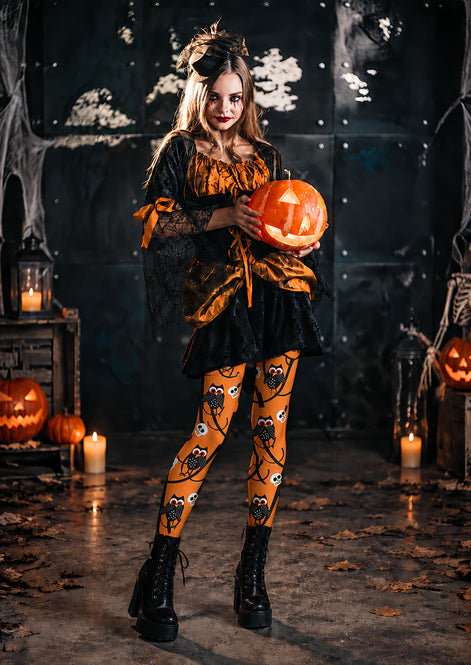 Skull Owl Graphic Tights Black Orange Pantyhose L69-16