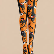 Skull Owl Graphic Tights Black Orange Pantyhose L69-16
