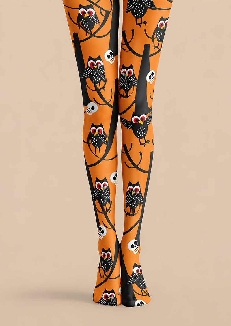 Skull Owl Graphic Tights Black Orange Pantyhose L69-16