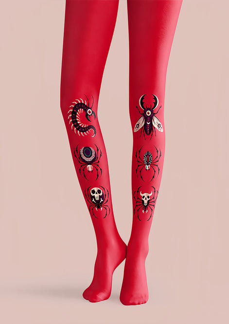 Red Gothic Insect Print Tights Hosiery L69-28