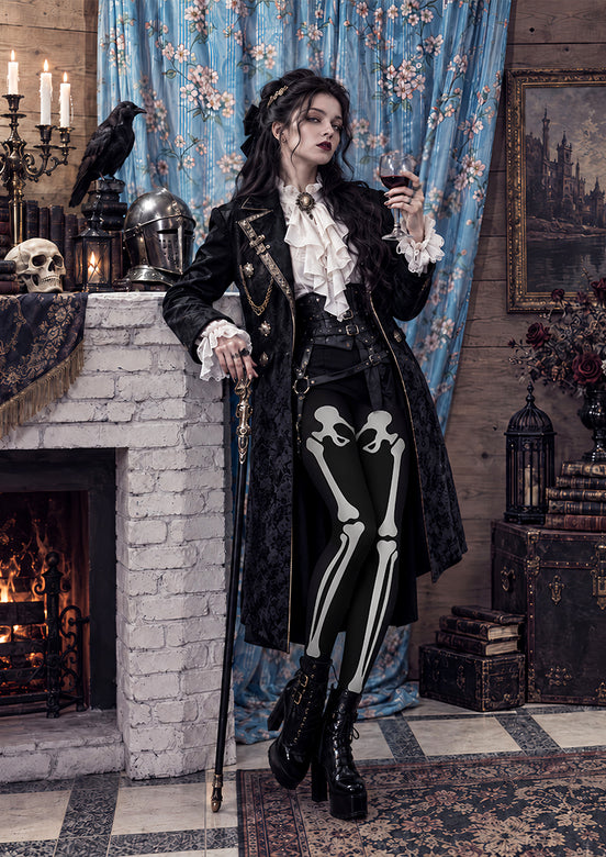 Skeleton Bone Halloween Tights Black White L69-34