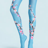 Blue Cherry Blossom Floral Tights Hosiery Pantyhose L69-38