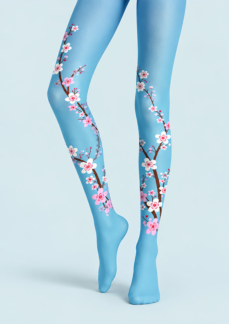 Blue Cherry Blossom Floral Tights Hosiery Pantyhose L69-38