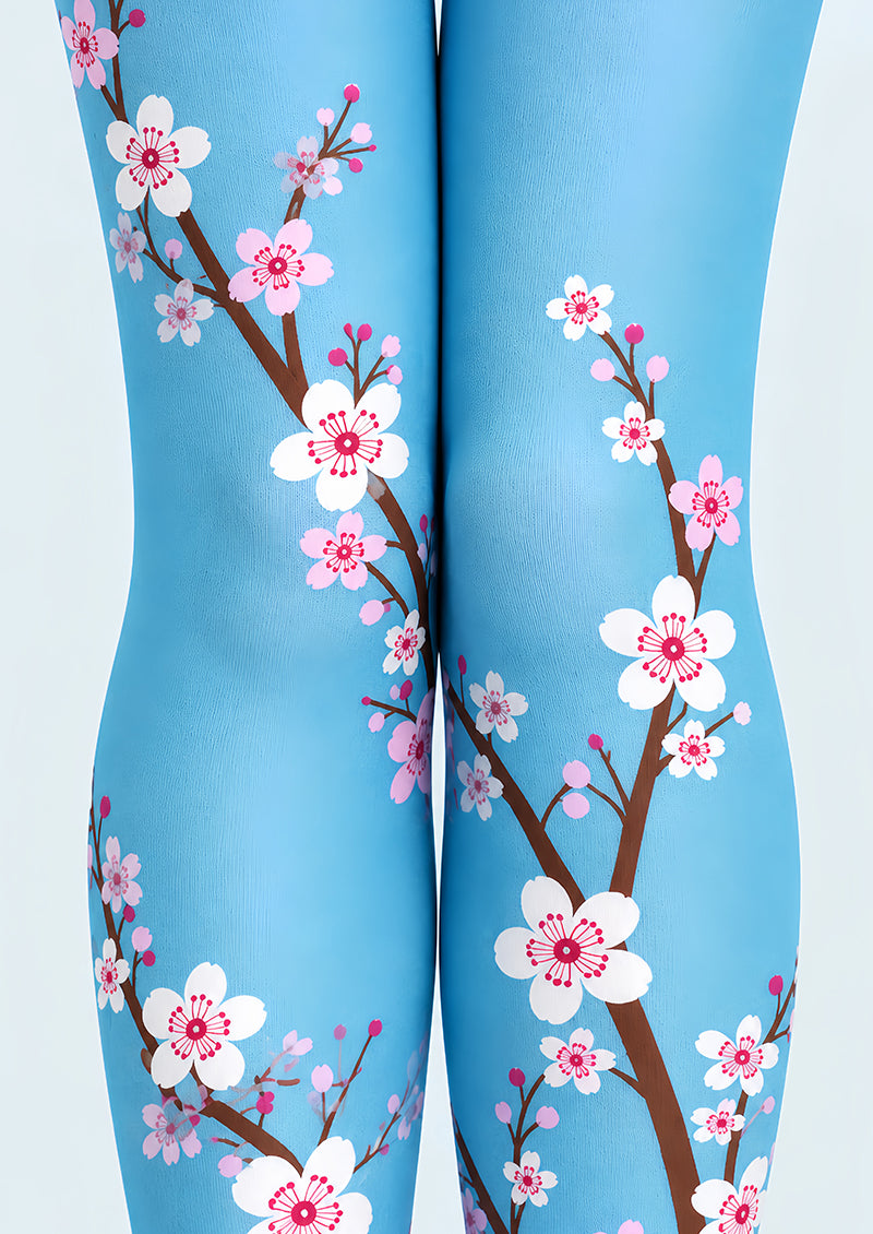 Blue Cherry Blossom Floral Tights Hosiery Pantyhose L69-38