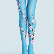 Blue Cherry Blossom Floral Tights Hosiery Pantyhose L69-38