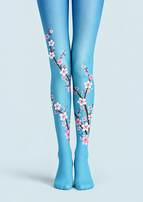 Blue Cherry Blossom Floral Tights Hosiery Pantyhose L69-38