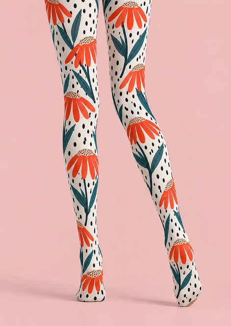 Modern Orange Floral Tights Hosiery Pantyhose L69-44