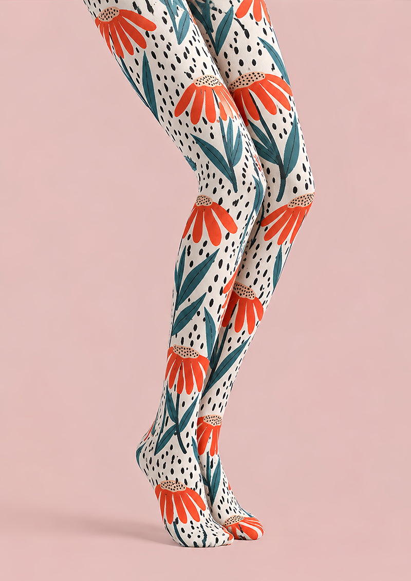 Modern Orange Floral Tights Hosiery Pantyhose L69-44