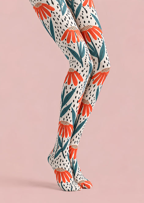 Modern Orange Floral Tights Hosiery Pantyhose L69-44