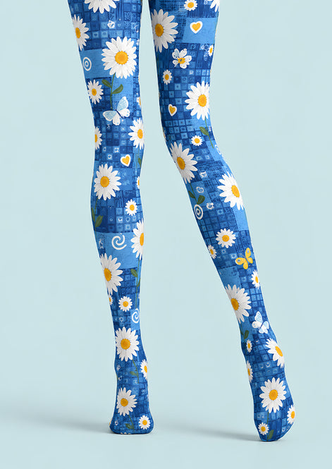Blue Butterfly Daisy Print Tights Pantyhose L69-47