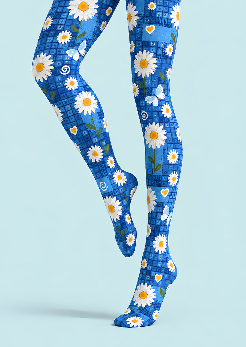 Blue Butterfly Daisy Print Tights Pantyhose L69-47