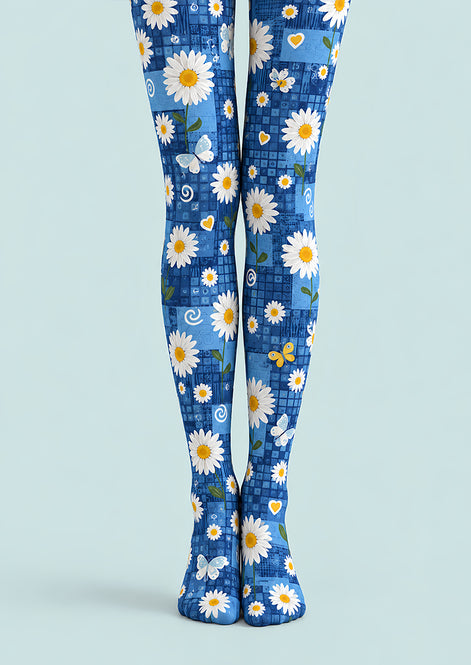 Blue Butterfly Daisy Print Tights Pantyhose L69-47