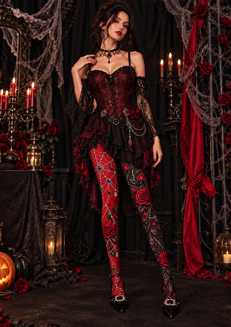 Gothic Red Rose Chain Tights Hosiery Pantyhose L69-51