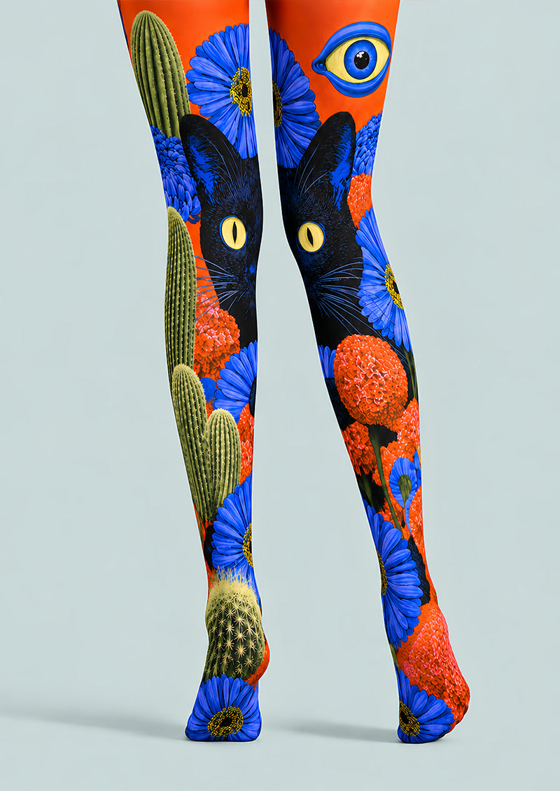 Black Cat Floral Graphic Tights Hosiery Pantyhose L69-53