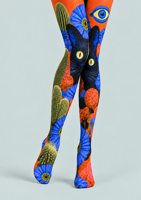 Black Cat Floral Graphic Tights Hosiery Pantyhose L69-53