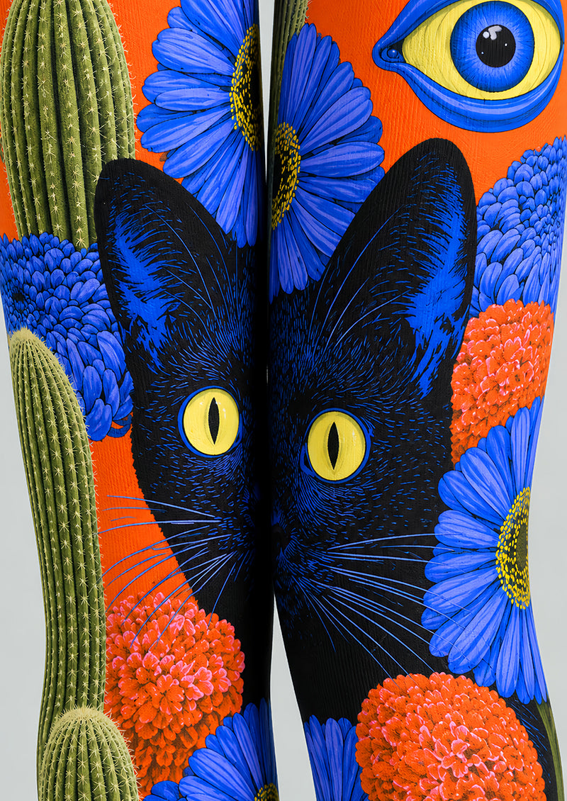 Black Cat Floral Graphic Tights Hosiery Pantyhose L69-53