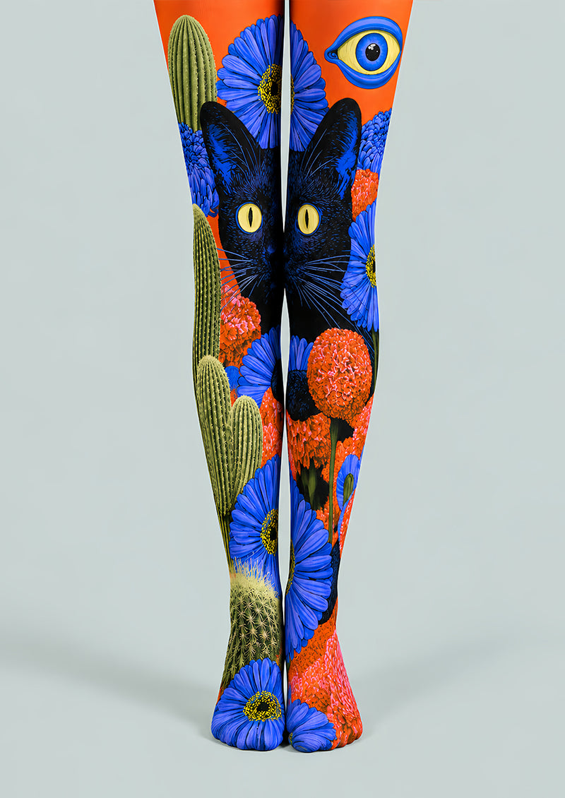 Black Cat Floral Graphic Tights Hosiery Pantyhose L69-53