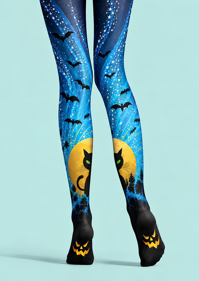 Black Cat Bat Moon Graphic Halloween Tights Pantyhose L69-62