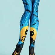 Black Cat Bat Moon Graphic Halloween Tights Pantyhose L69-62