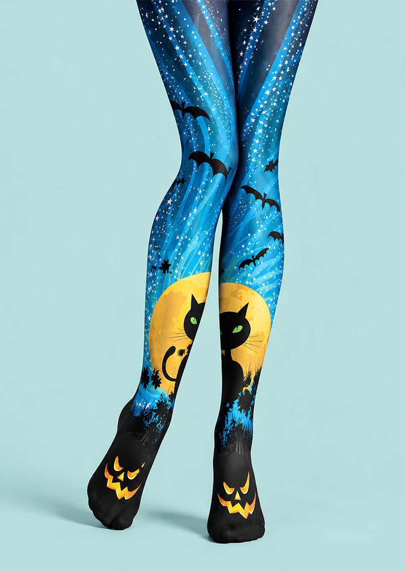 Black Cat Bat Moon Graphic Halloween Tights Pantyhose L69-62