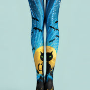 Black Cat Bat Moon Graphic Halloween Tights Pantyhose L69-62