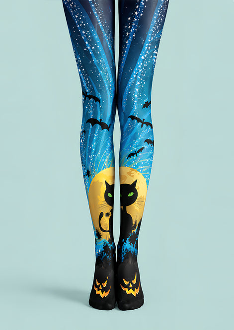 Black Cat Bat Moon Graphic Halloween Tights Pantyhose L69-62