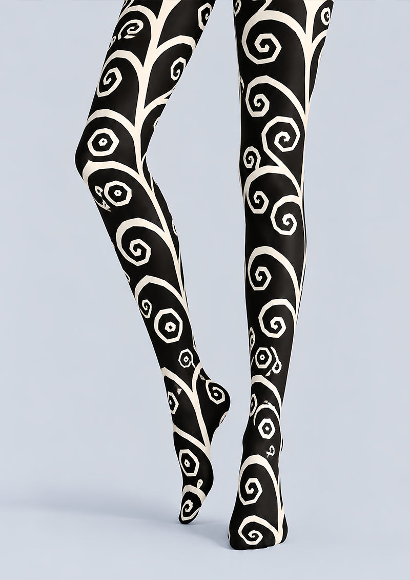 Black White Abstract Swirl Pattern Tights Pantyhose L69-64