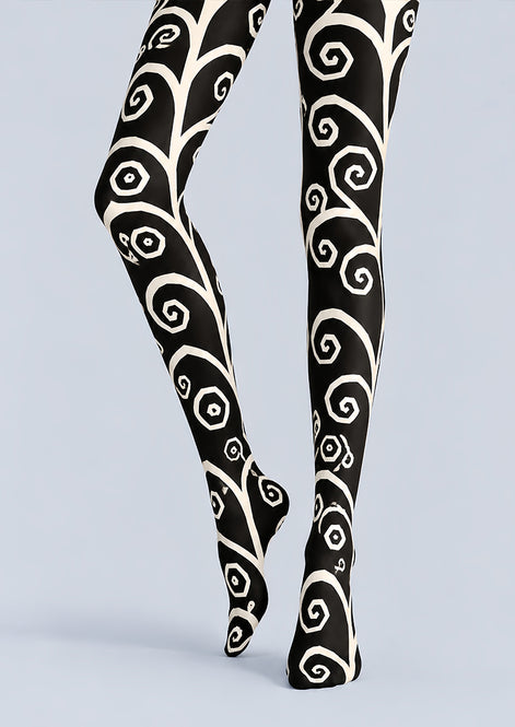 Black White Abstract Swirl Pattern Tights Pantyhose L69-64