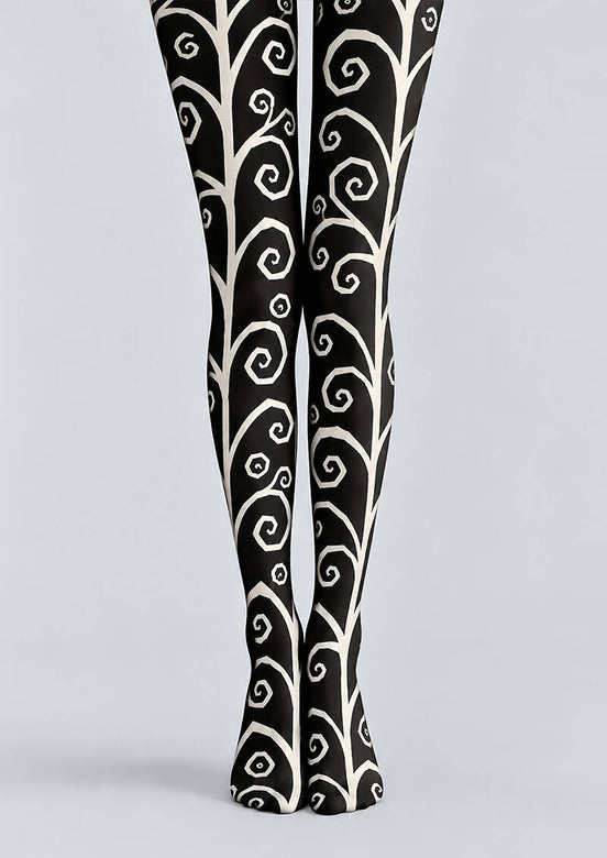 Black White Abstract Swirl Pattern Tights Pantyhose L69-64