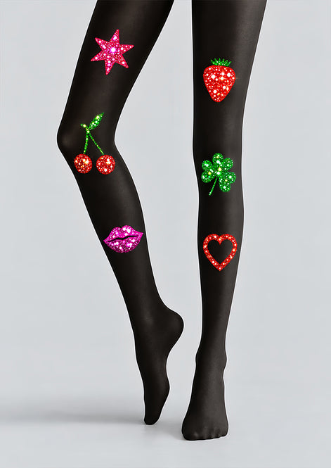 Black Y2K Sticker Print Tights Hosiery Pantyhose L69-65