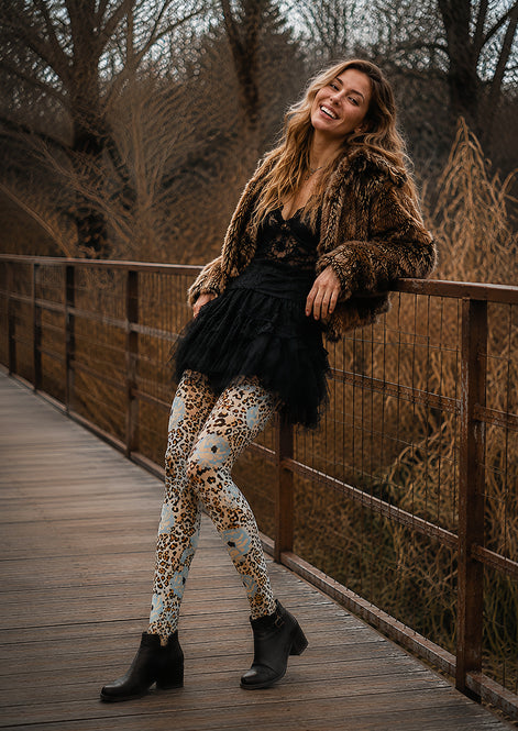 Blue Floral Leopard Print Tights Pantyhose L69-8