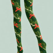 Evergreen Bow Print Tights Hosiery Festive Pantyhose Z610-33