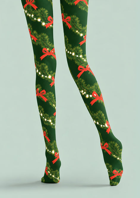 Evergreen Bow Print Tights Hosiery Festive Pantyhose Z610-33