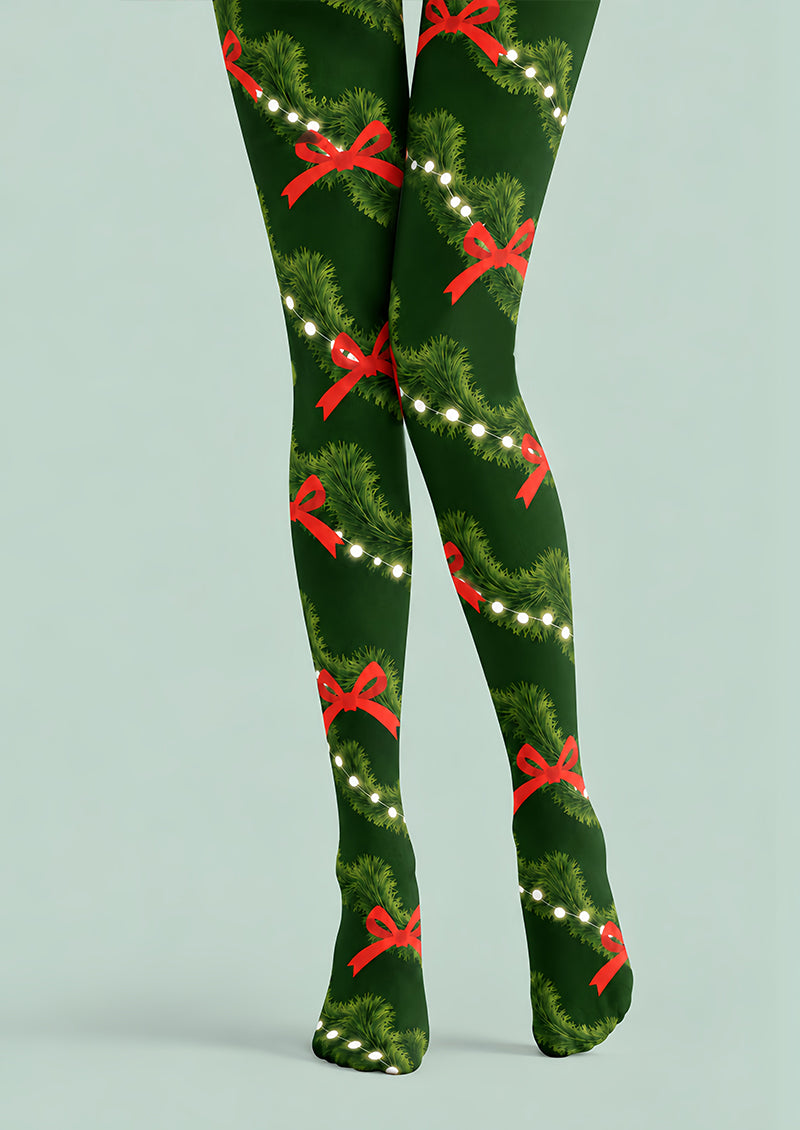 Evergreen Bow Print Tights Hosiery Festive Pantyhose Z610-33